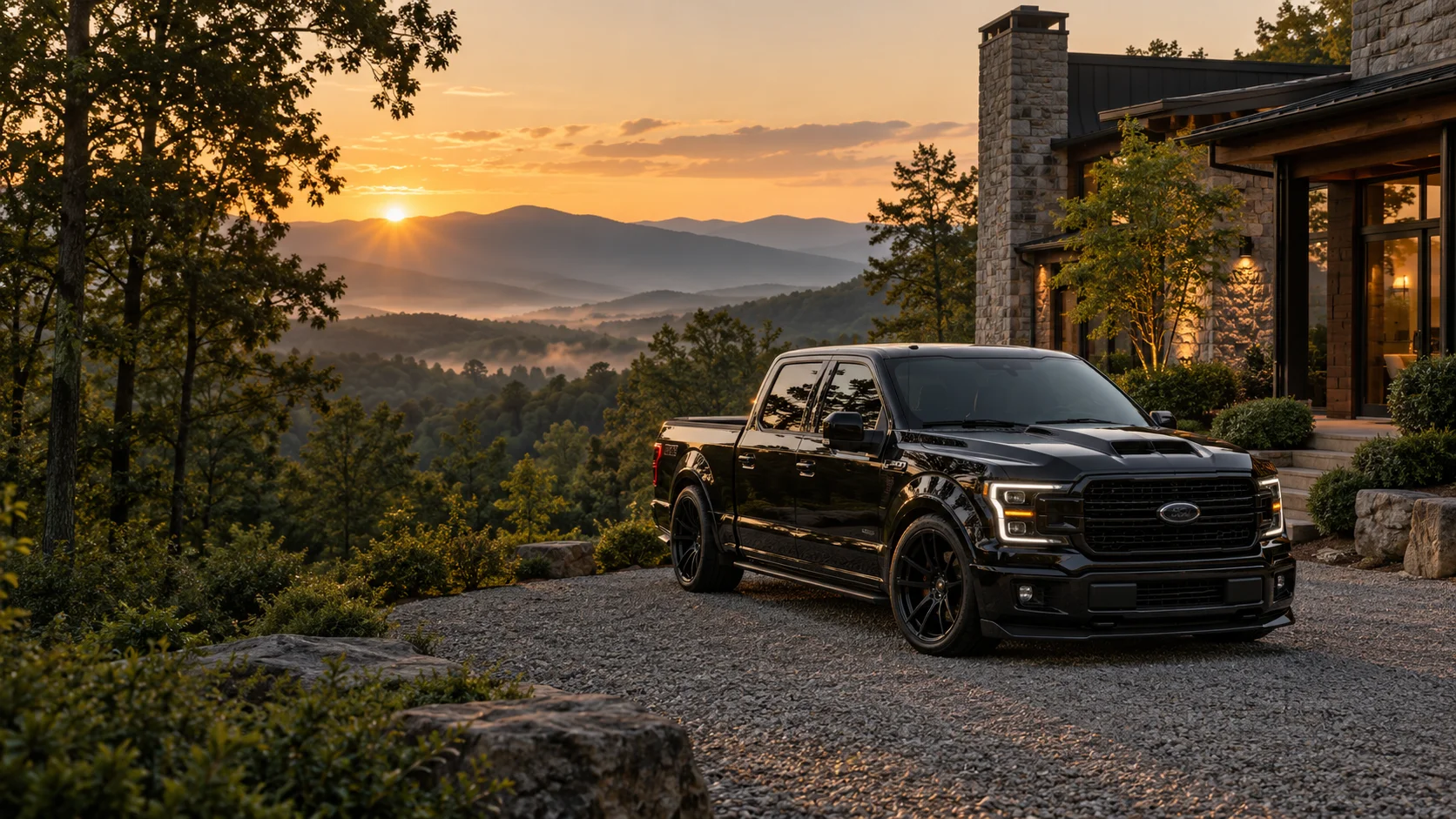 Illustrative black pickup outside a mountain home